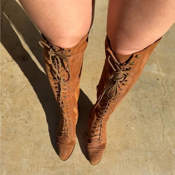 Jeffrey Campbell Sz 9 Brown 100% Lambs Leather Tall Lace Up boot Free People Joe - Picture 9 of 16